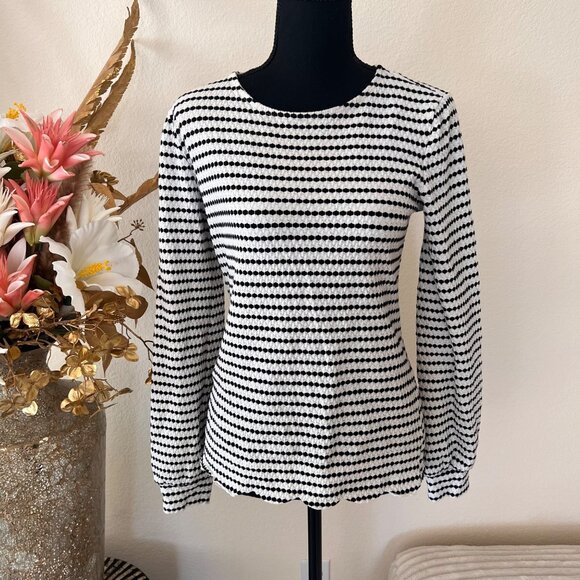 Minimalist Striped Black and White Bishop Sleeve Top with Lettuce Hem - Picture 1 of 8